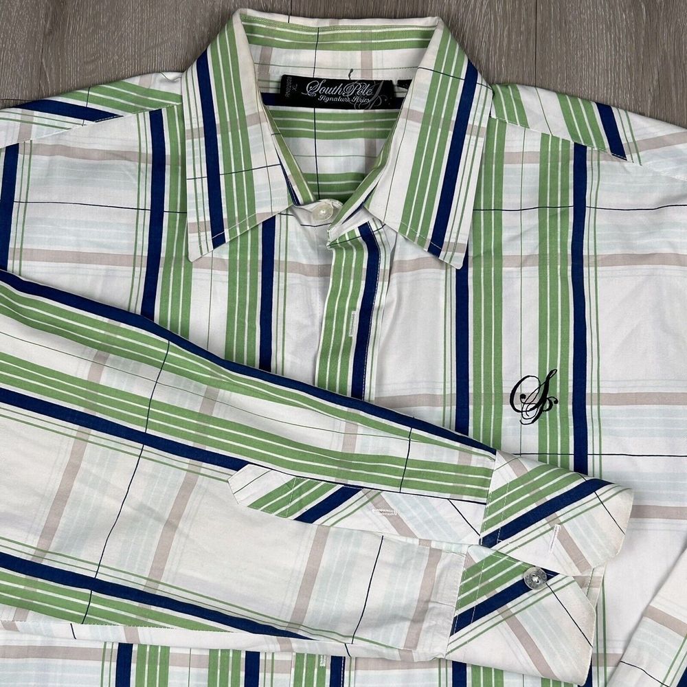 Southpole Dress Shirt Adult XL Green Blue White Plaid Stripes Button Up Mens L/S